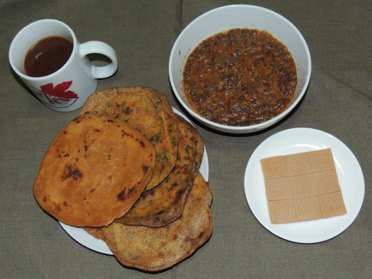 インド軍レーション豆カレーとチャパティ