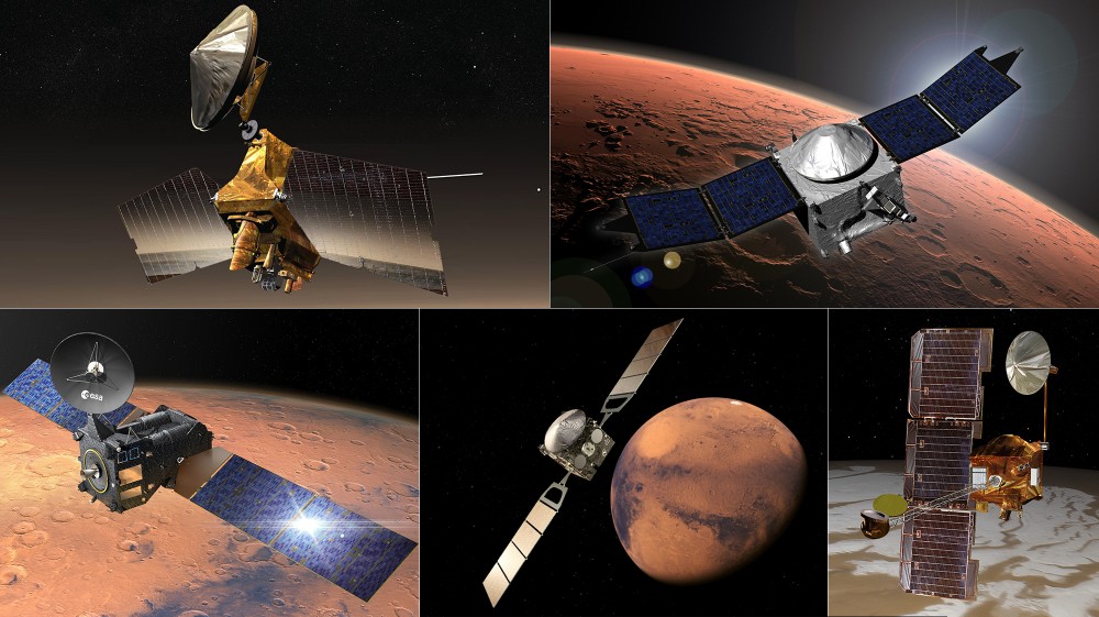 データを中継する火星を回る5つの人工衛星（Image：NASA）