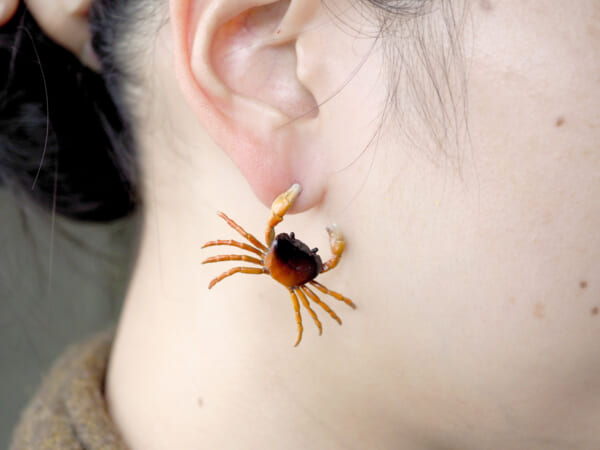 耳にぶら下がるリアルなサワガニのピアス（Ninaさん提供）