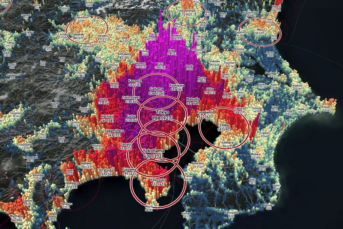 東京を始めとした首都圏の3Dマップ。北関東に人口が密集。