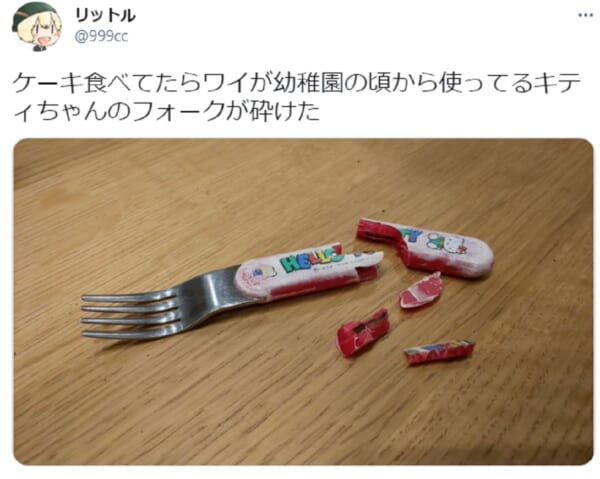 幼稚園の頃から使っているフォークが砕けた。長年主に仕え続けたフォークに労いの声が多数寄せられる。