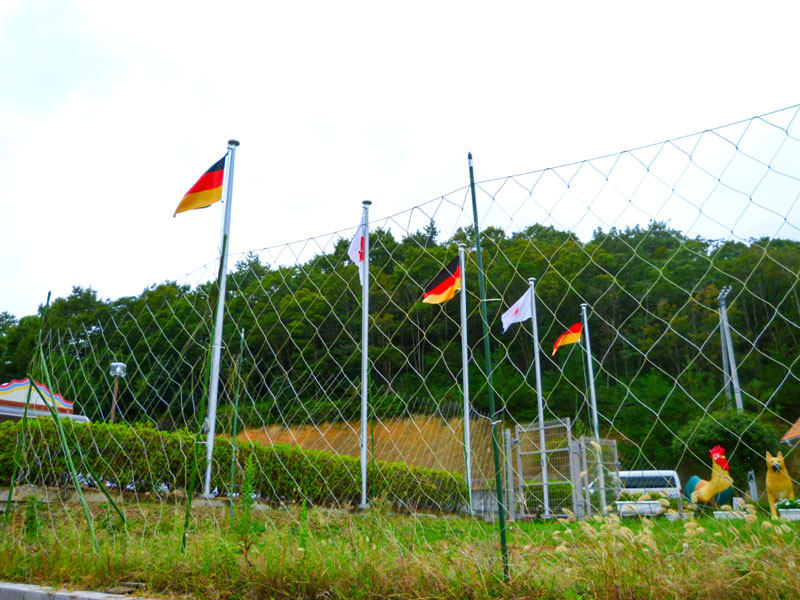「白鳥城」のモチーフであるドイツノイシュバンシュタイン城もあってか日本とドイツの国旗が掲揚