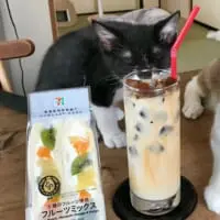 飲み物に顔を近づけて、今にも飲んでしまいそう