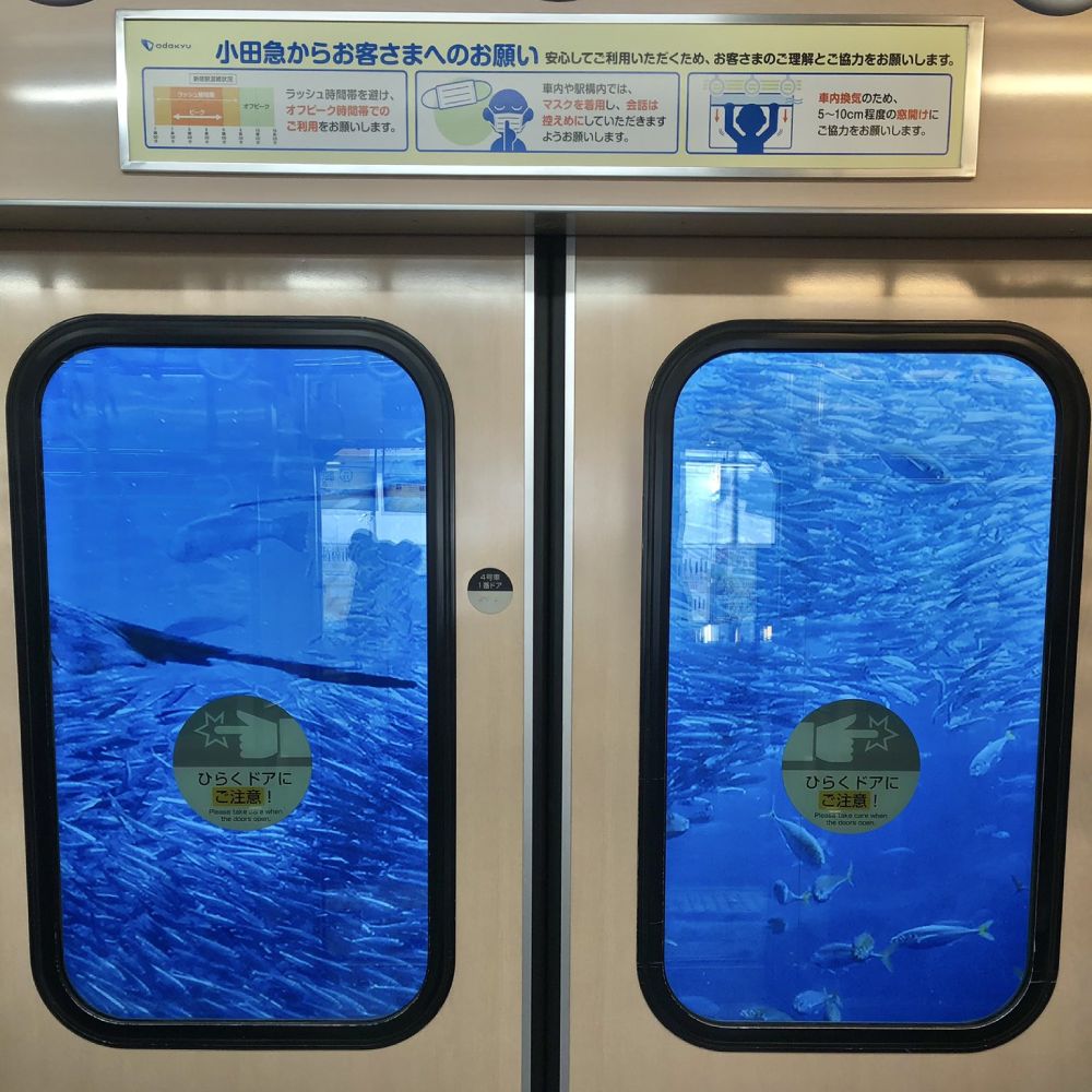 小田急線車両で見かけた藤沢の良い写真　江ノ島さんぽちゃんの発見に10万いいね