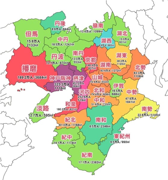 各府県を地域別に分けた人口マップが話題。