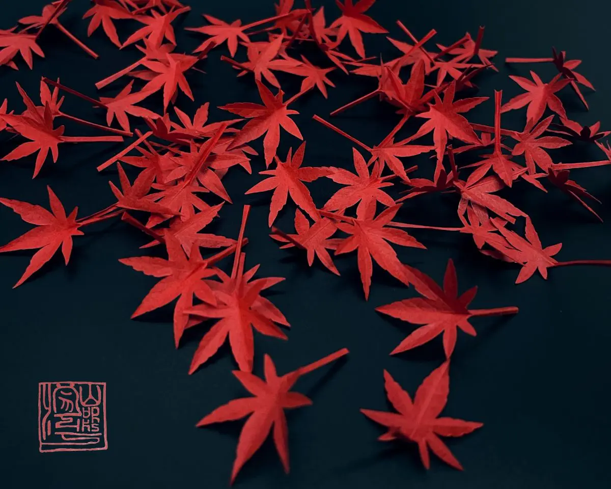 オレンジと赤のグラデーションで塗装された紅葉。