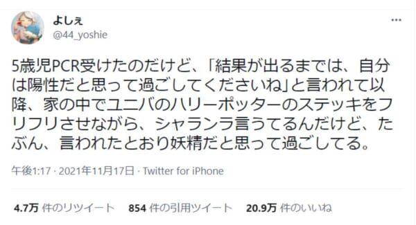 「陽性」と「妖精」を勘違い　PCR検査後の5歳児の反応にほっこり