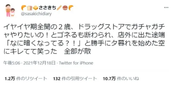 「なに暗くなってる？！」ガチャガチャが引けず夕暮れに怒る2歳児