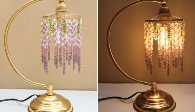 「藤の花のランプシェード」は光で表情を変える花の滝