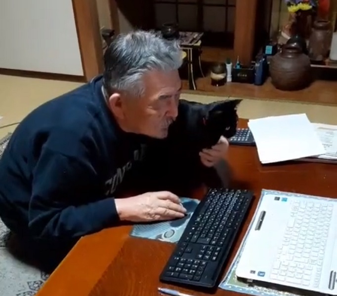 愛猫を信じて手を離し、パソコン作業を始めようとするお父様