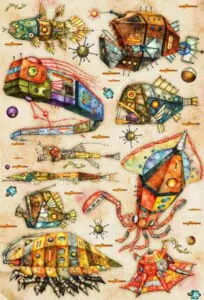 絵の中を優雅に泳ぐ機械仕掛けの魚たち。　イラストレーター城谷俊也が伝える「キカイ深海魚の世界」。