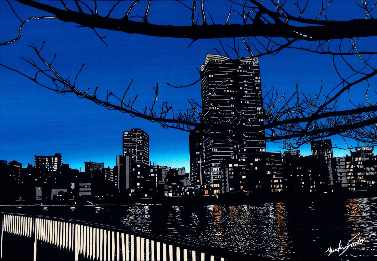 「東京・月島の夜景」を切り絵で再現。