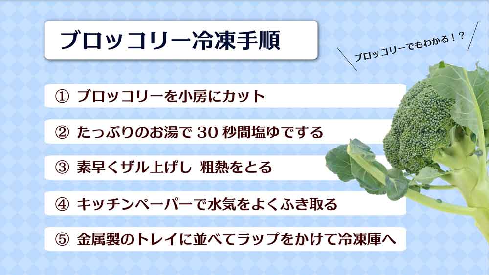 ブロッコリーの冷凍法（有限会社安井ファーム提供）