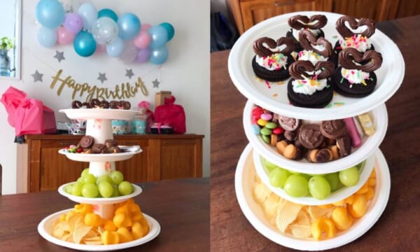 子どもの誕生日やイベント時にも！　紙皿と紙コップで作る簡易お菓子タワー