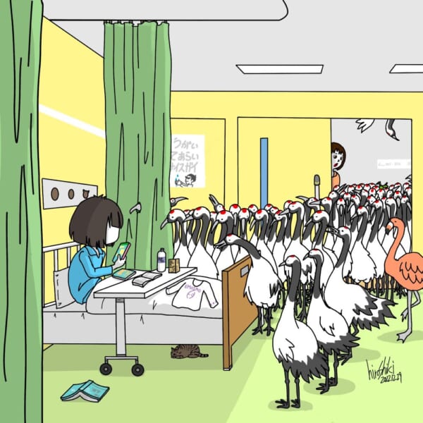 もしも千羽（の）鶴が病室にやってきたら？　シュールなイラストが話題。