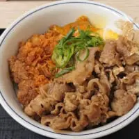 「牛すき焼きとチキンカツの合い盛り丼」（税込858円）