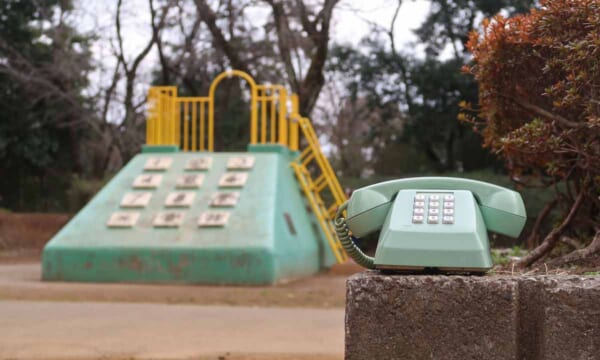 千葉県柏市の柏公園にある「プッシュホン形すべり台」と自宅のプッシュホンを比較した画像（たまさん提供）
