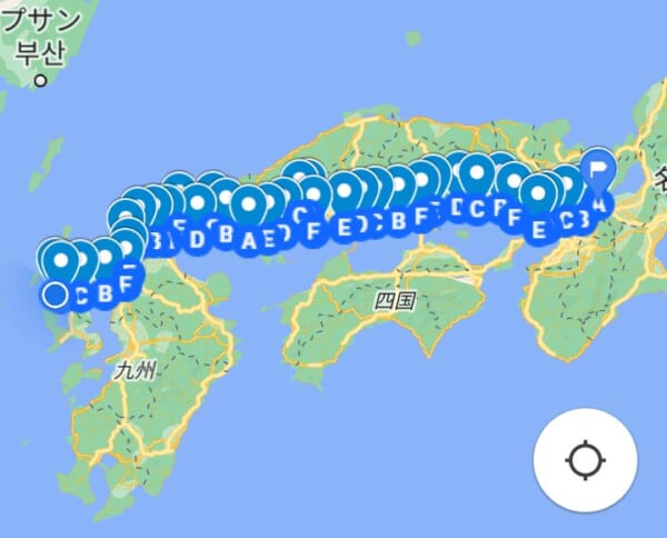 そううんさんの徒歩旅の道のりと宿泊地のプロット（そううんさん提供）
