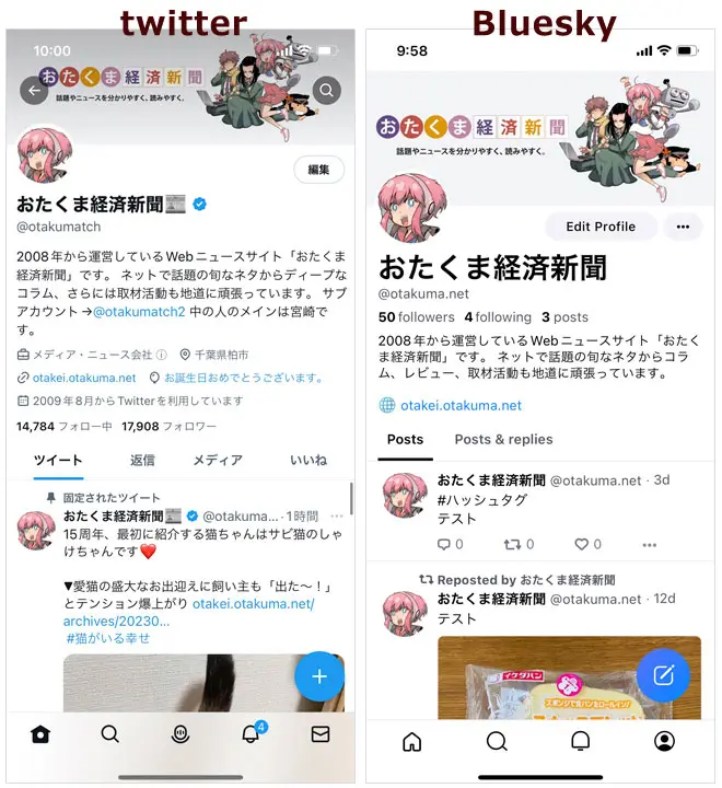 TwitterとBluesky マイページ画面比較