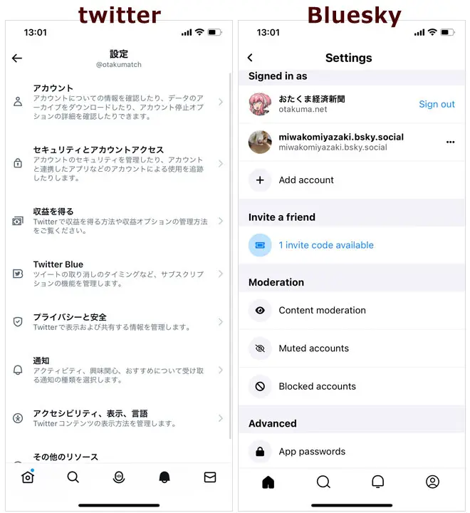 BlueSkyとTwitter設定の様子
