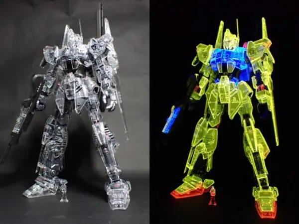 かっこいい！ブラックライトを当てると発光する百式　足元にはクワトロ大尉も