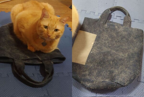 無地のトートバッグを猫職人が大胆リメイク　付着した毛がおしゃれな柄のよう？
