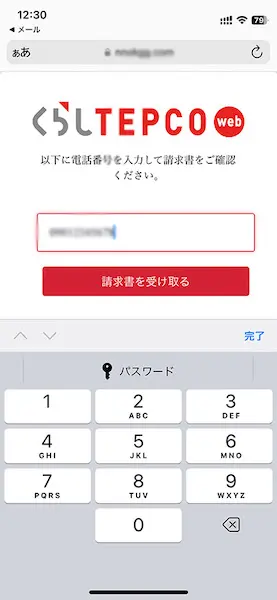 偽東京電力の電話番号入力