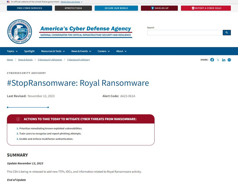 CISA「#StopRansomware: Royal Ransomware」