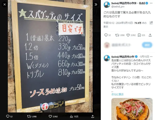 投稿した写真に写っている「ヨコイ」のスパゲッティのサイズ表