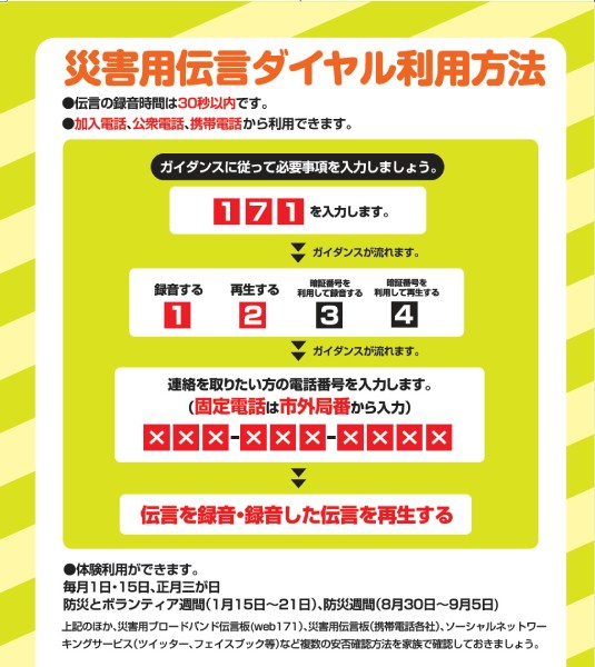 災害用伝言ダイヤル（171）は毎月1日と15日に体験利用できる　有事への備えを