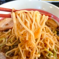 スープがよく絡みついているので少し茶色く見える麺