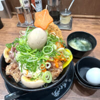 「極み肉玉ツリーすた丼」。デカ盛り丼に味噌汁、生玉子がついて、店内では税込1990円