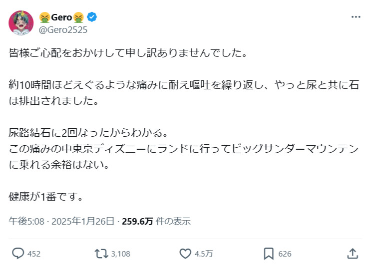 Geroさん、尿路結石再発も「ビッグサンダーマウンテン療法」に異論