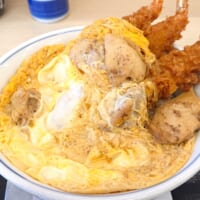 丼からはみ出す海老フライ！かつやの「海老タレカツと親子丼の合い盛り丼」と初デートしてきた