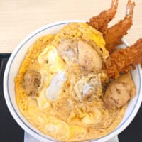 「海老タレカツと親子丼の合い盛り丼」（税込869円）の「ご飯大盛」（税込143円）