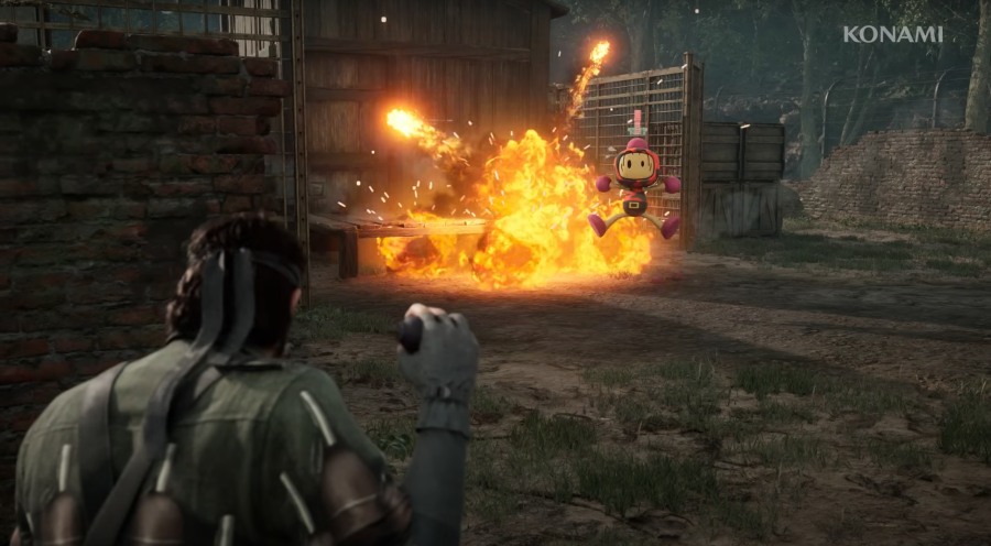 ボンバーマンの集団に爆弾を投げるスネーク