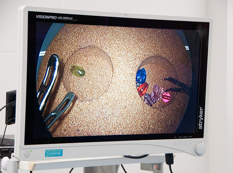 「腹腔鏡鉗子」を用いた作業を疑似体験する様子。遠隔モニター越しに患部に見立てたビーズを移し替える