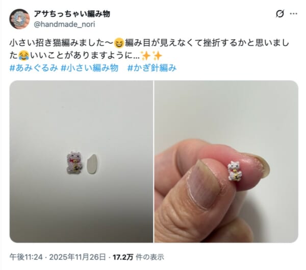どうやって編むの……?人の手が成し遂げた“米粒大の編みぐるみ”がすごすぎる