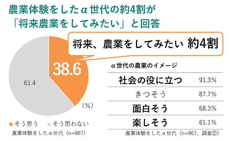 農業体験をしたα世代の約4割が「将来農業をしてみたい」と回答
