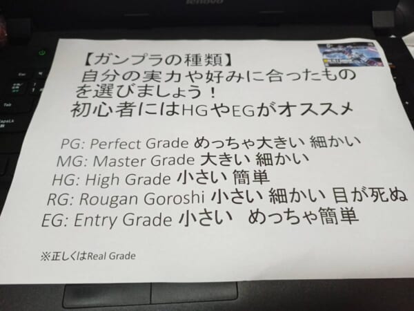 ガンプラの「RG」は“Rougan Goroshi”の略?模型店の店頭POPが「真理をついている」と話題