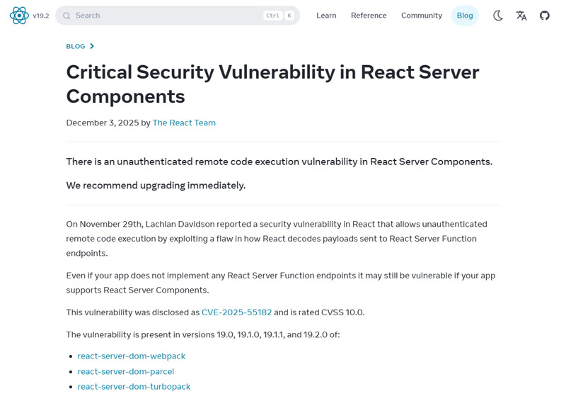 React開発チームは12月3日付で公式にこの問題を公表