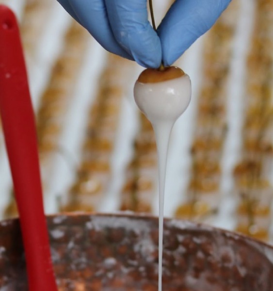 お酒をパンパンに吸い込んだ果実を砂糖で包む