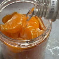 みかんを密閉容器に移し、強炭酸水を注ぎ入れる